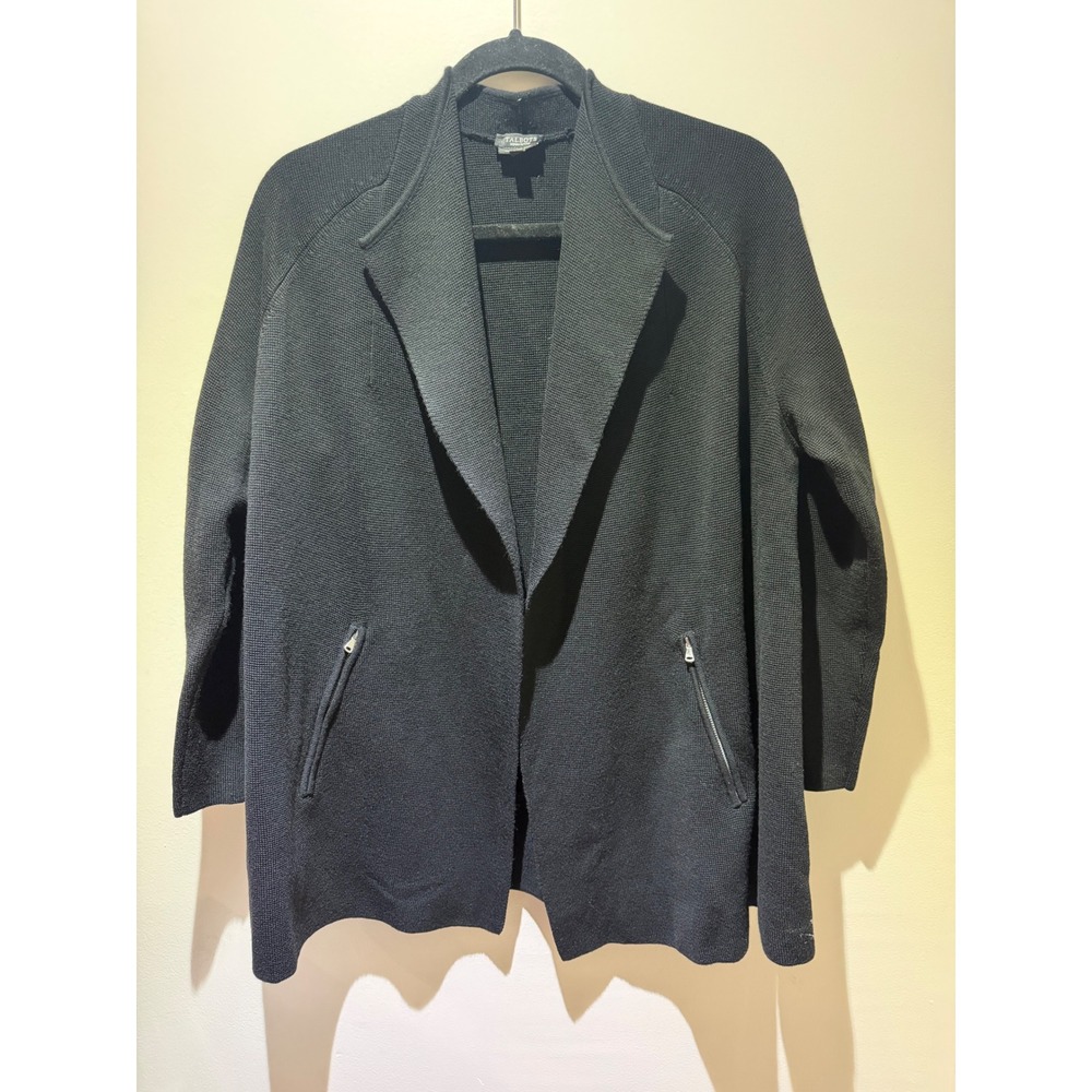 Talbots Women Black 100% Merino Wool Open Front Cardigan Zipper Pocket Petite XL